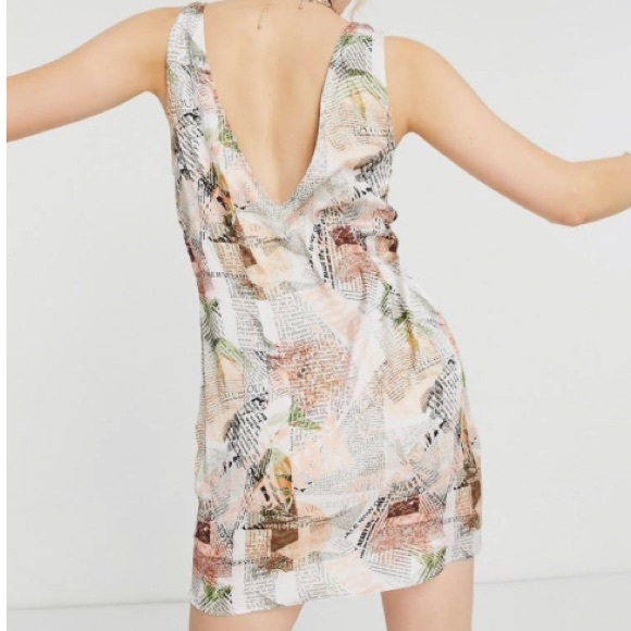 ASOS DESIGN button front satin mini dress in newspaper print - Picture 2 of 6